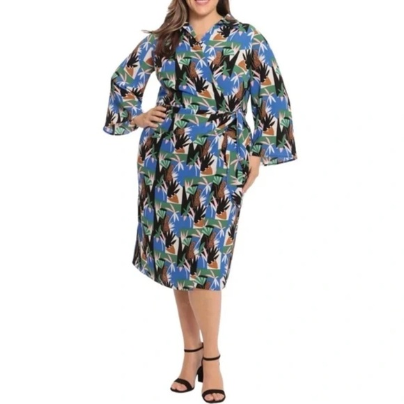 Donna Morgan Long Sleeve Collared Wrap Colorful Midi Dress In White/Jungle Blue - Picture 3 of 13